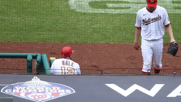 Aug 9, 2020; Washington, District of Columbia, USA; Washington Nationals starting pitcher Stephen Strasburg (37) walks to the dugout after being removed from the game against the Baltimore Orioles in the fifth inning at Nationals Park. Mandatory Credit: Geoff Burke-USA TODAY Sports